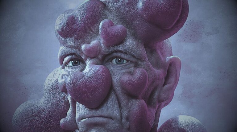 Surreal portrait of an older man with raised purple heart-shaped growths, symbolizing emotional burden.