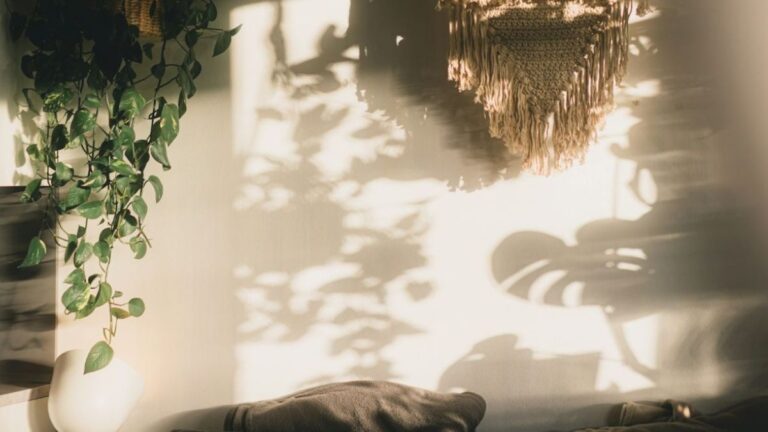 Soft morning light casting plant shadows and a woven hanging on a wall, suggesting a calm start to the day.