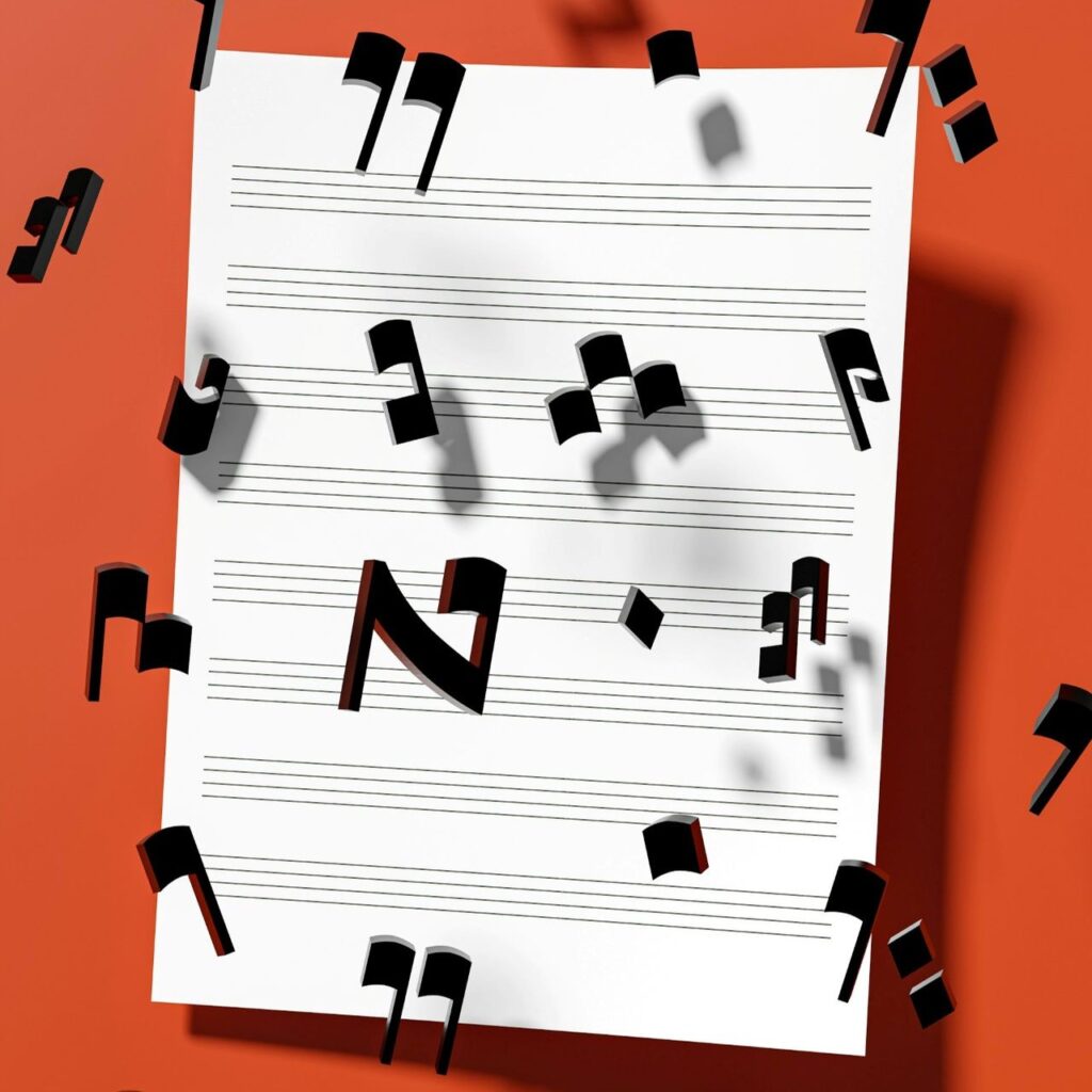 White sheet with music staff lines on an orange background, with scattered black quote-mark shapes... abstract sound illustration.