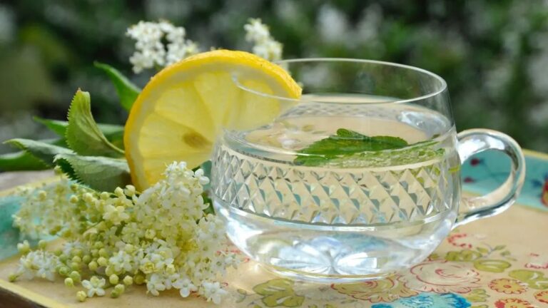 Glass of mineral wat wiURL: th lemon wedge, mint, and blossoms.