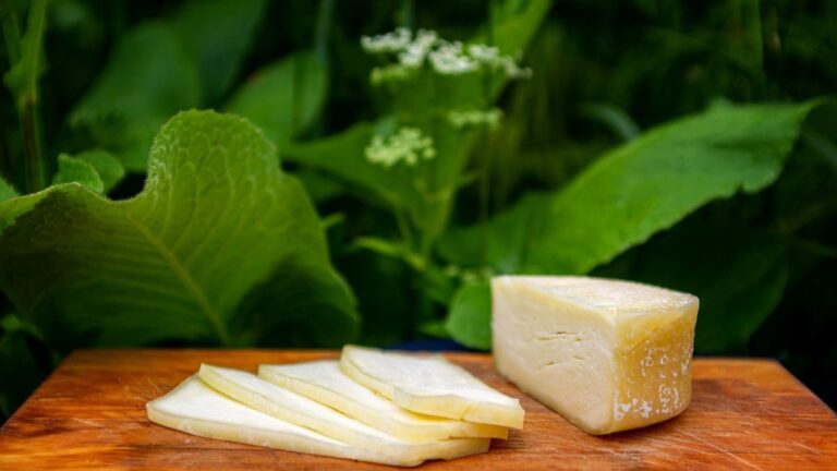 Slices of pale cheese on a wooden board with green leaves in the background