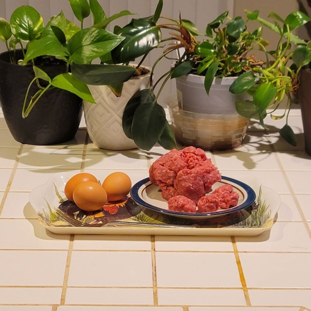 Raw ground beef and whole eggs on a tray before cooking