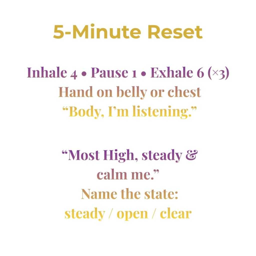 5-Minute Reset breathing steps with inhale 4 pause 1 exhale 6 and a short reflection prompt