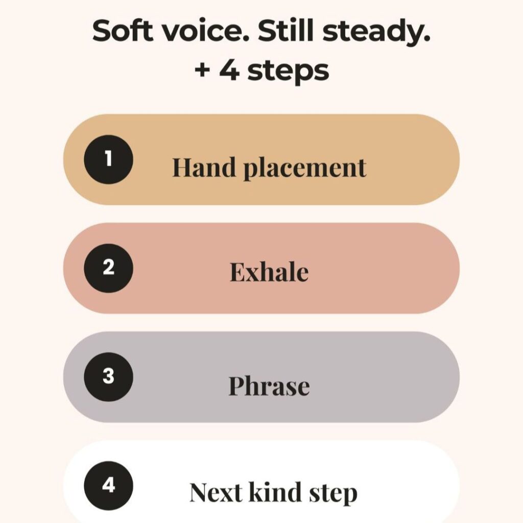 Graphic showing &ldquo;Soft voice. Still steady.&rdquo; and four steps: hand placement, exhale, phrase, next kind step