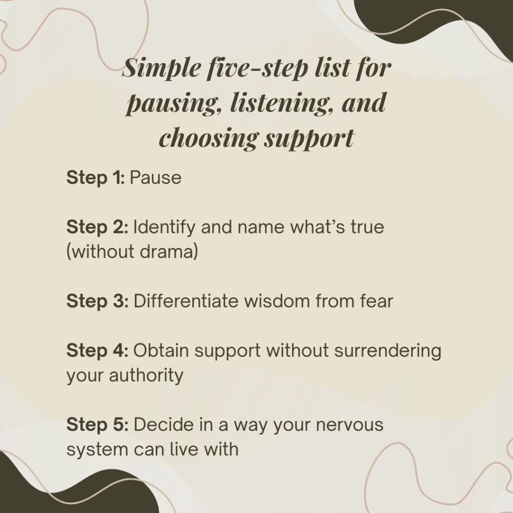 Graphic showing a five-step list for pausing, listening, and choosing support