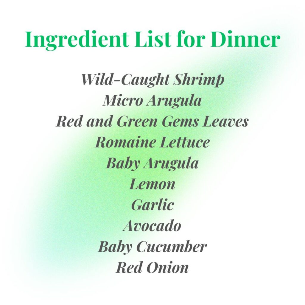 Ingredient list for spiced shrimp and greens bowl including shrimp, greens, avocado, cucumber, and lemon