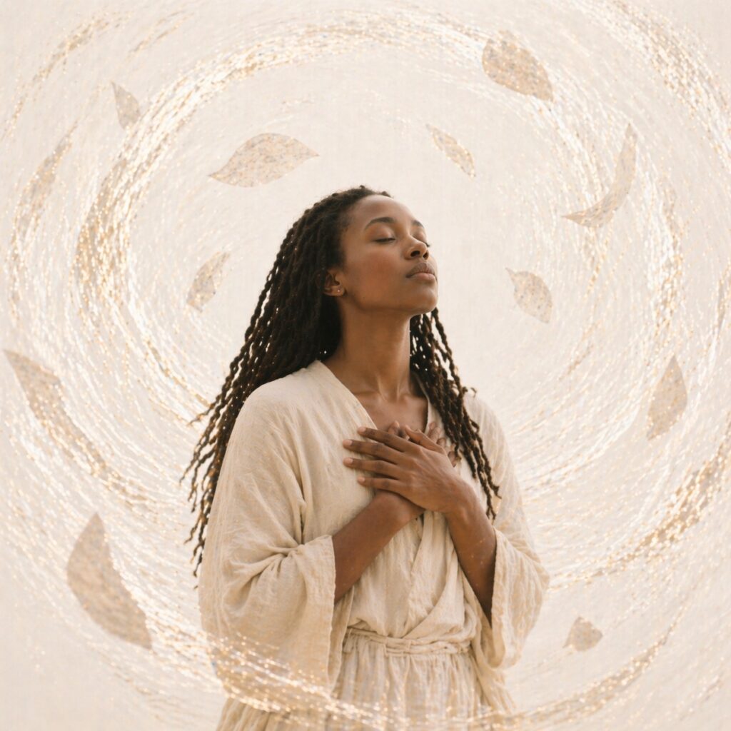 A contemplative Black woman with dreadlocks appears in a soft, radiant square composition, surrounded by gentle motion that suggests calm within disorder.