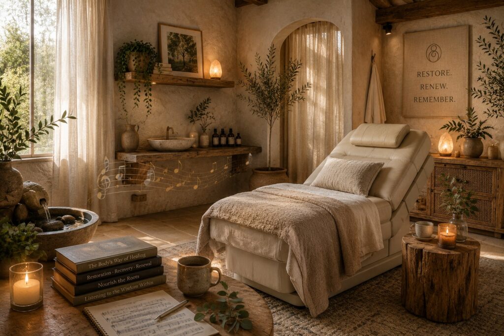 Warm rustic wellness sanctuary with restorative treatment chair, plants, candles, flowing water feature, and calming natural textures.