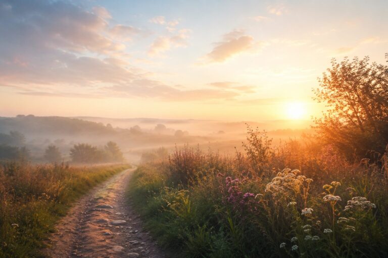 A quiet path through wild grasses at sunrise with soft mist and golden light, symbolizing healing, alignment, and gentle unfolding.
