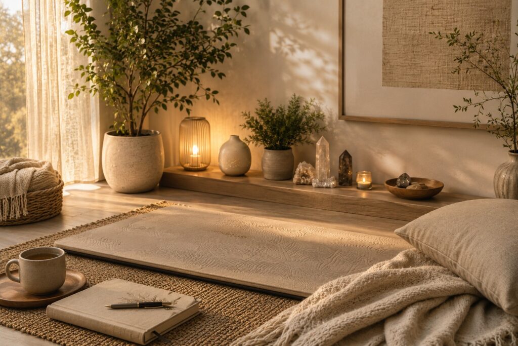 Calm healing sanctuary with soft light, plants, mat, crystals, books, and warm ambient glow for frequency and energy wellness.