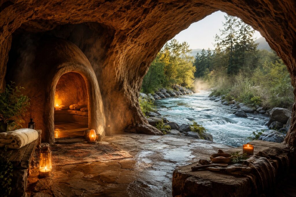 Warm stone heat lodge beside a flowing river with soft candlelight, steam, and natural recovery setting.
