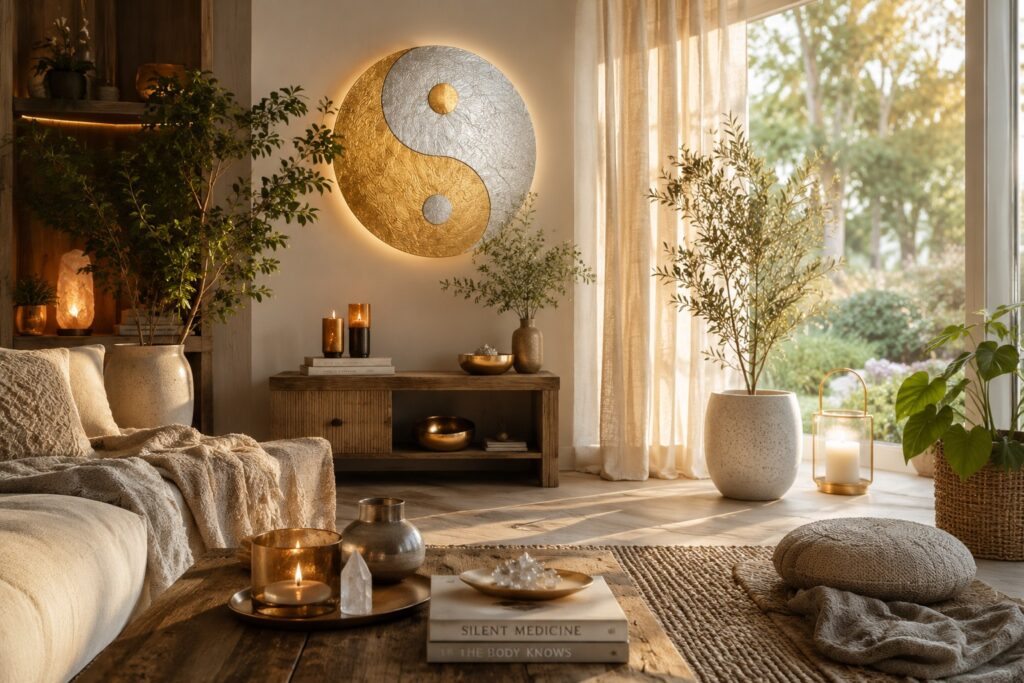 Sunlit calming home sanctuary with plants, warm neutral tones, candles, yin and yang wall art, and peaceful healing atmosphere.