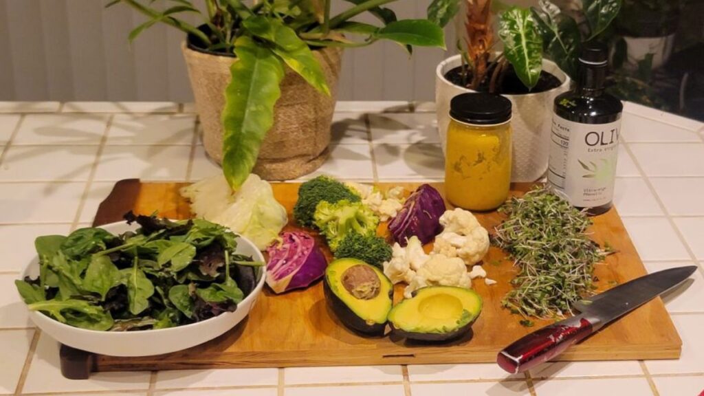 Raw Leafy Greens, Cruciferous & Microgreens Plate with Creamy Spinach-Avocado Dressing