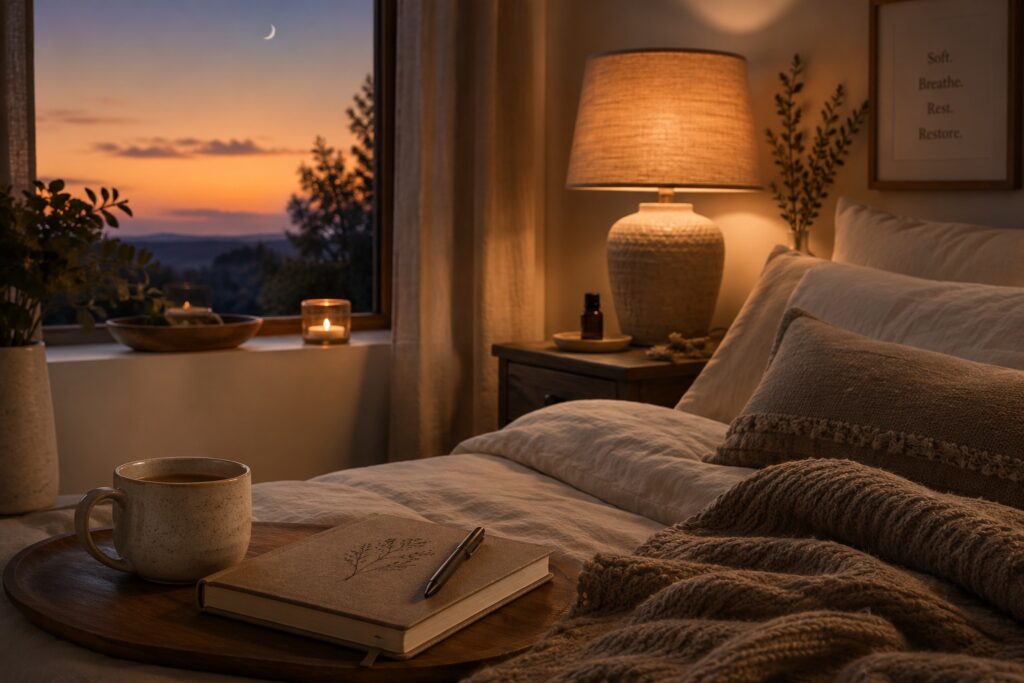 Softly lit bedroom at dusk with warm lamp light, cozy bedding, tea, journal, plants, and evening sky for rest and nervous system support.