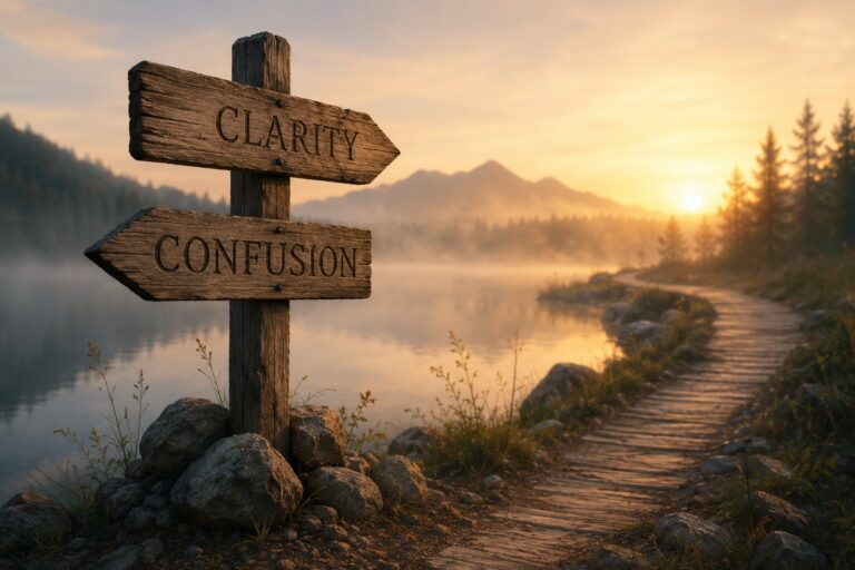 Wooden signpost pointing toward clarity and confusion beside a peaceful path at sunrise